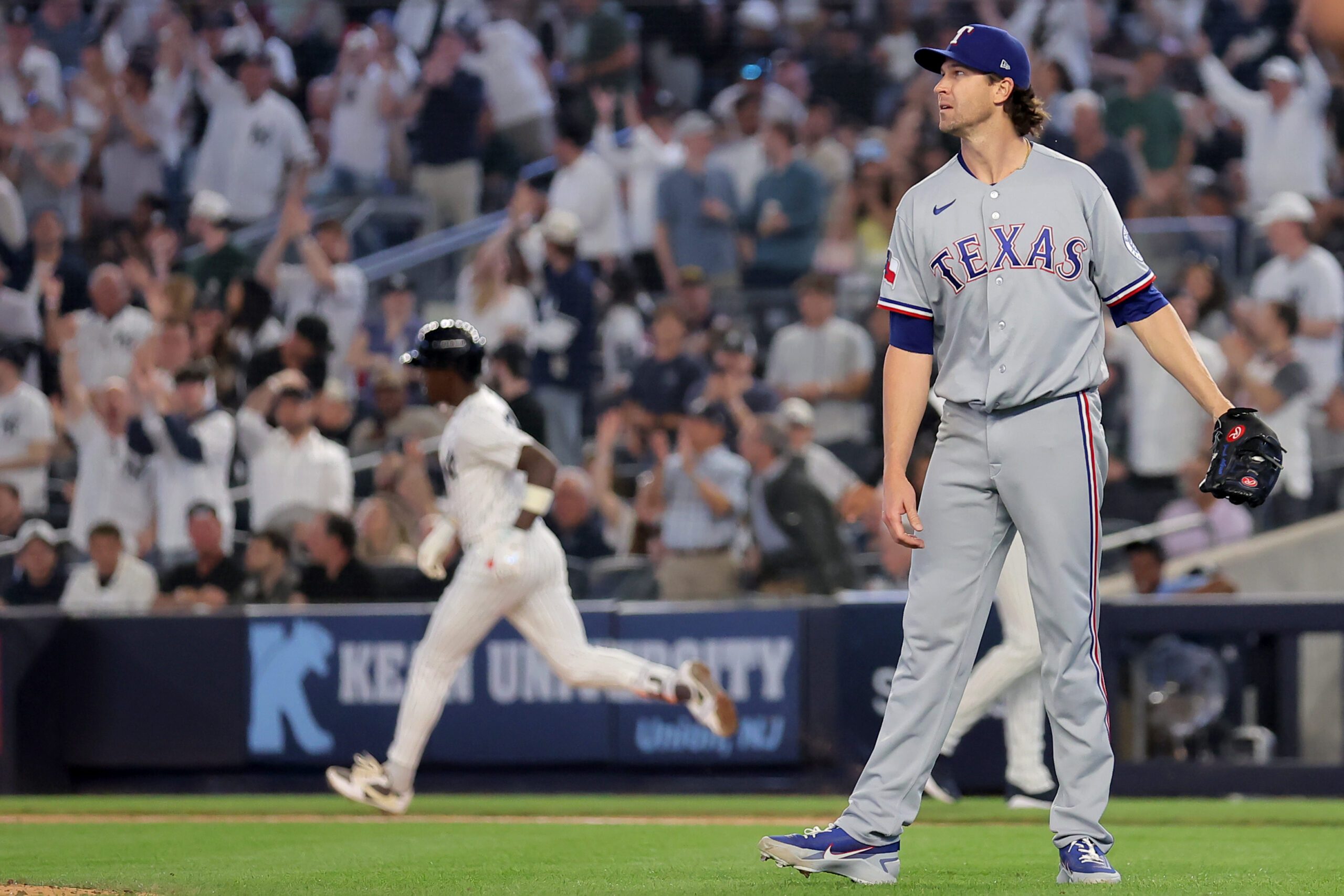 May 5, 2026; Bronx, New York, USA; New York Yankees second baseman Jazz Chisholm Jr. (13) rounds the bases after hitting a solo home run against Texas Rangers starting pitcher Jacob deGrom (48) during the sixth inning at Yankee Stadium. Mandatory Credit: Brad Penner-Imagn Images