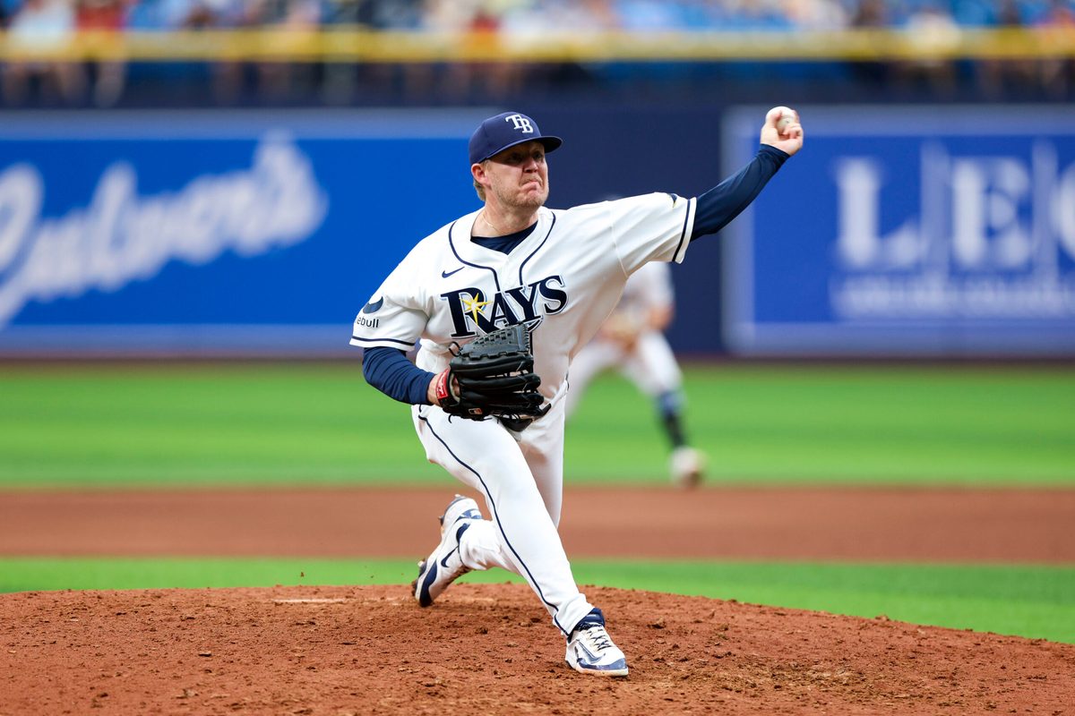 May 6, 2026; St. Petersburg, Florida, USA; Tampa Bay Rays pitcher Garrett Cleavinger (60) throws a pitch against the Toronto Blue Jays in the seventh inning at Tropicana Field. Mandatory Credit: Nathan Ray Seebeck-Imagn Images