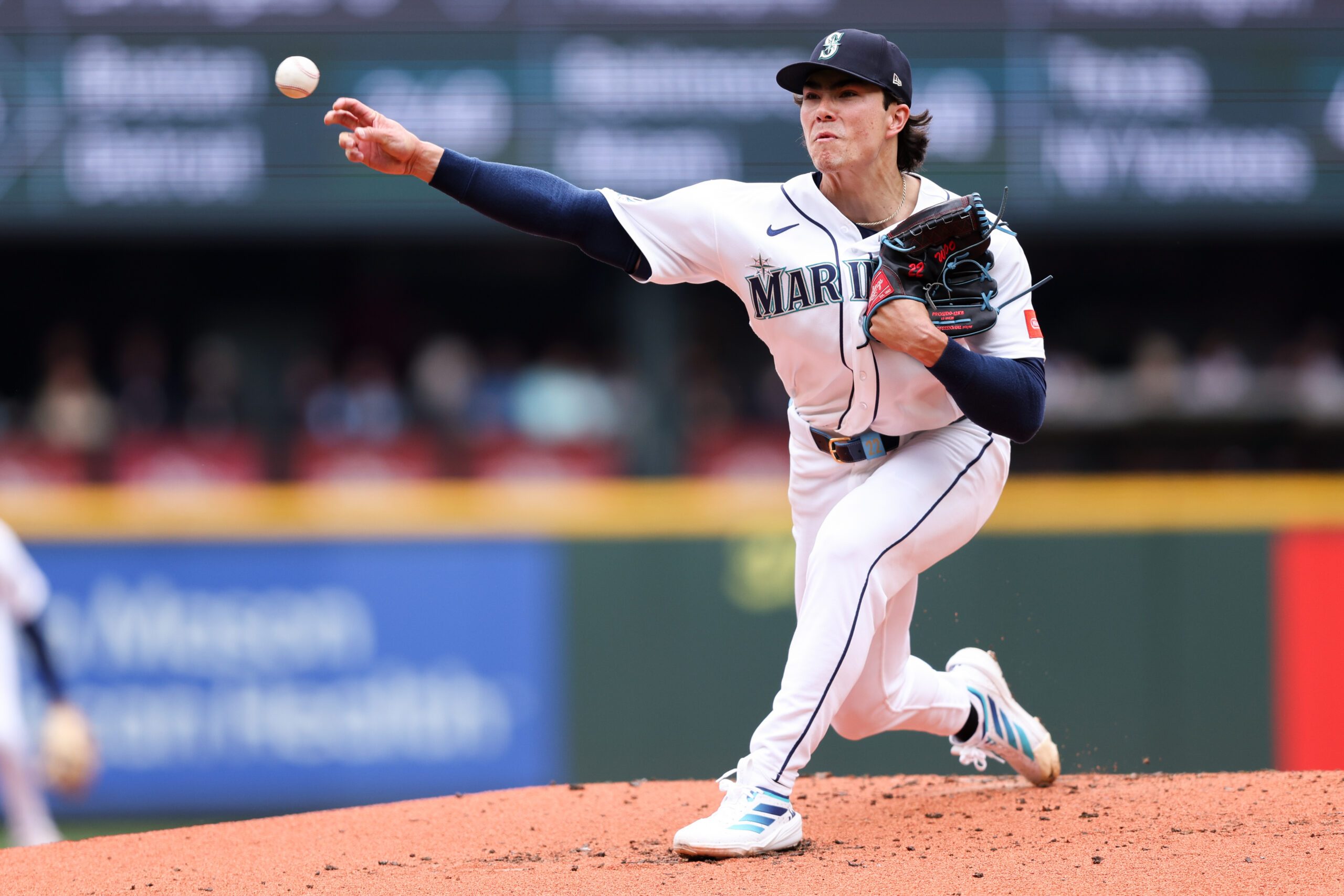 May 6, 2026; Seattle, Washington, USA;  Seattle Mariners starting pitcher Bryan Woo (22) delivers in the second inning against the Atlanta Braves at T-Mobile Park. Mandatory Credit: Kevin Ng-Imagn Images
