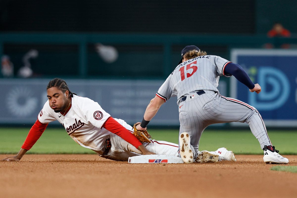 May 6, 2026; Washington, District of Columbia, USA; Washington Nationals right fielder James Wood (29) steals second base ahead of a tag by Minnesota Twins second baseman Luke Keaschall (15) during the fourth inning at Nationals Park. Mandatory Credit: Geoff Burke-Imagn Images