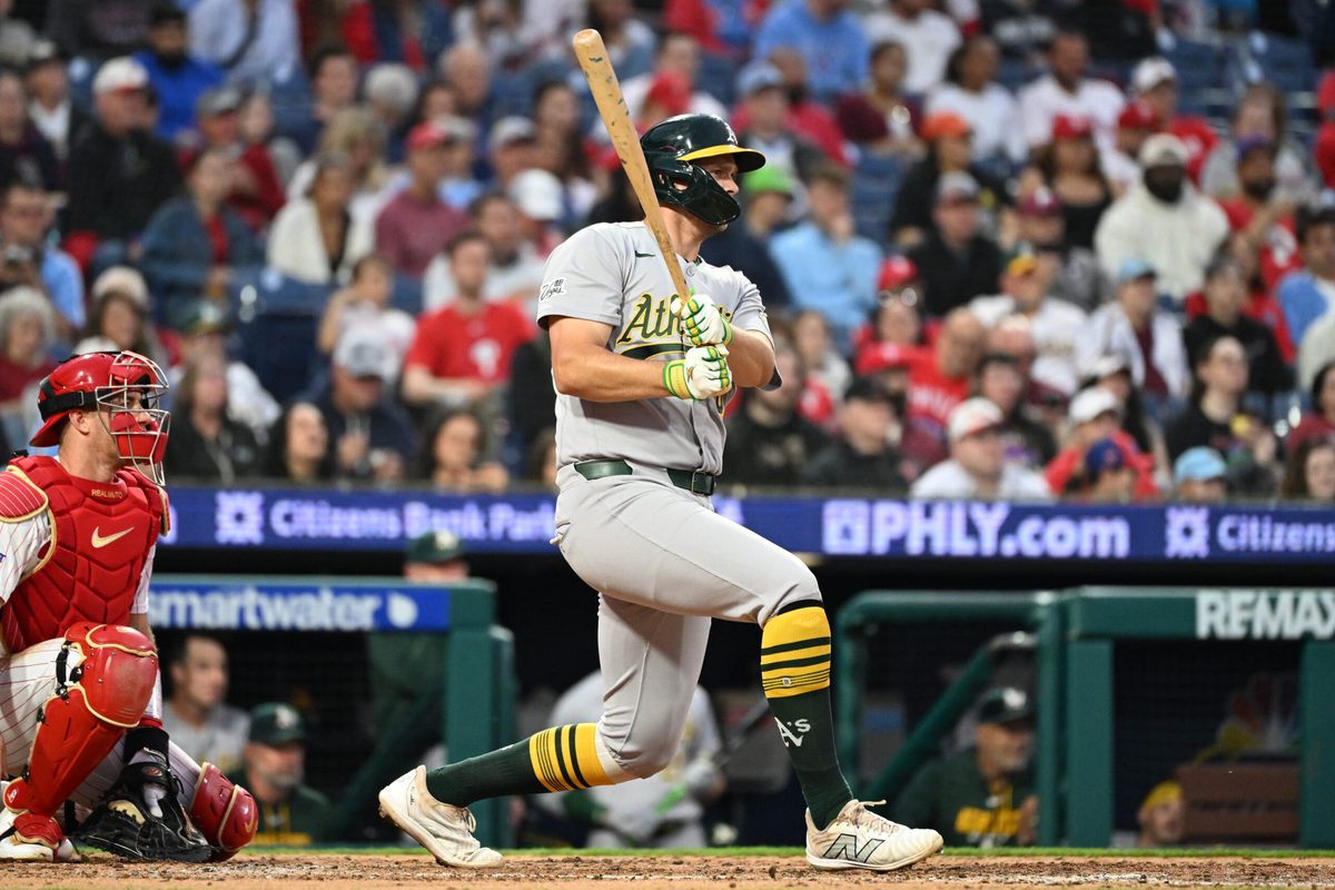 May 6, 2026; Philadelphia, Pennsylvania, USA; Athletics first baseman Nick Kurtz (16) hits an RBI single against the Philadelphia Phillies during the fifth inning at Citizens Bank Park. Mandatory Credit: Eric Hartline-Imagn Images