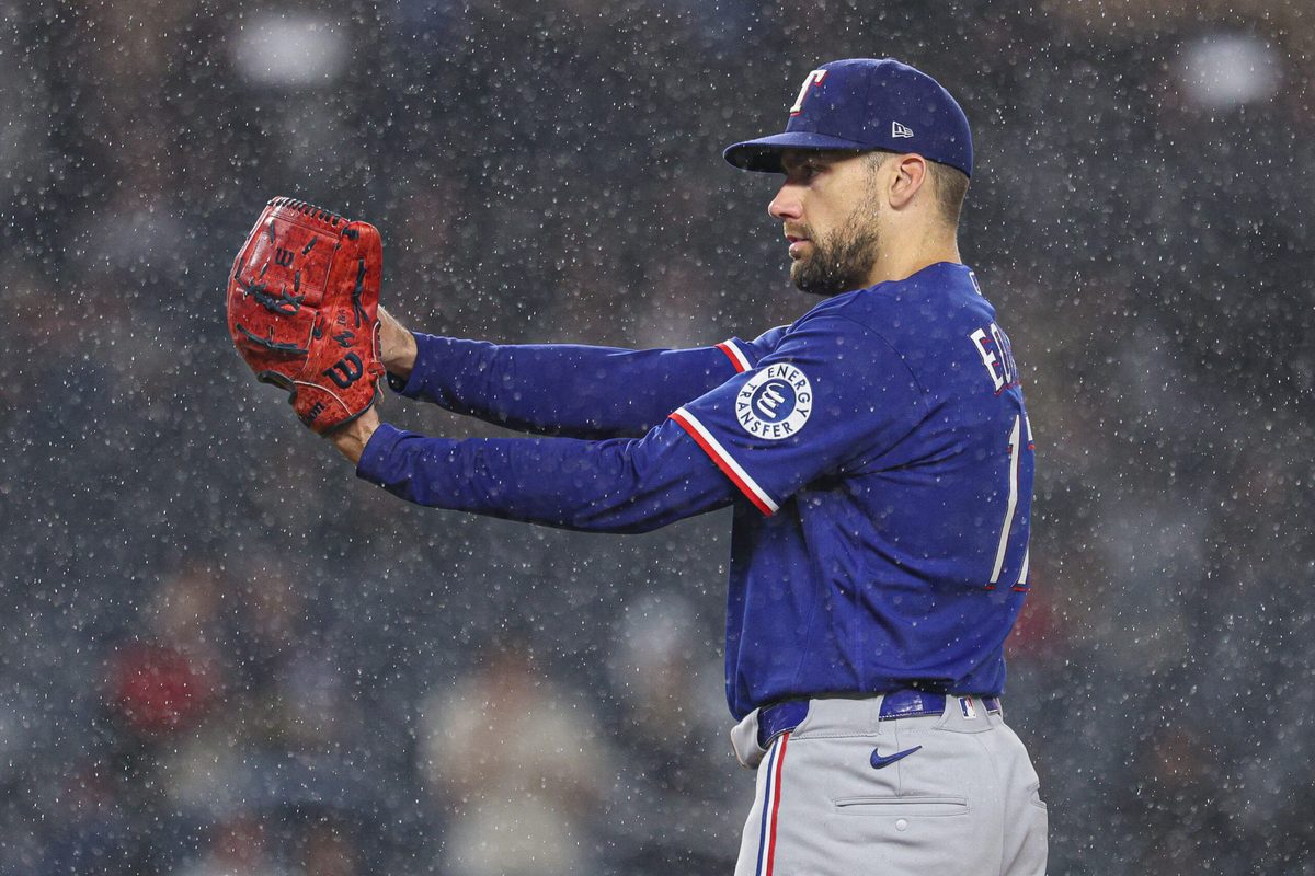 May 6, 2026; Bronx, New York, USA; Texas Rangers pitcher Nathan Eovaldi (17) delivers a pitch during the eighth inning against the New York Yankees at Yankee Stadium. Mandatory Credit: Vincent Carchietta-Imagn Images