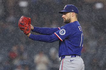 May 6, 2026; Bronx, New York, USA; Texas Rangers pitcher Nathan Eovaldi (17) delivers a pitch during the eighth inning against the New York Yankees at Yankee Stadium. Mandatory Credit: Vincent Carchietta-Imagn Images
