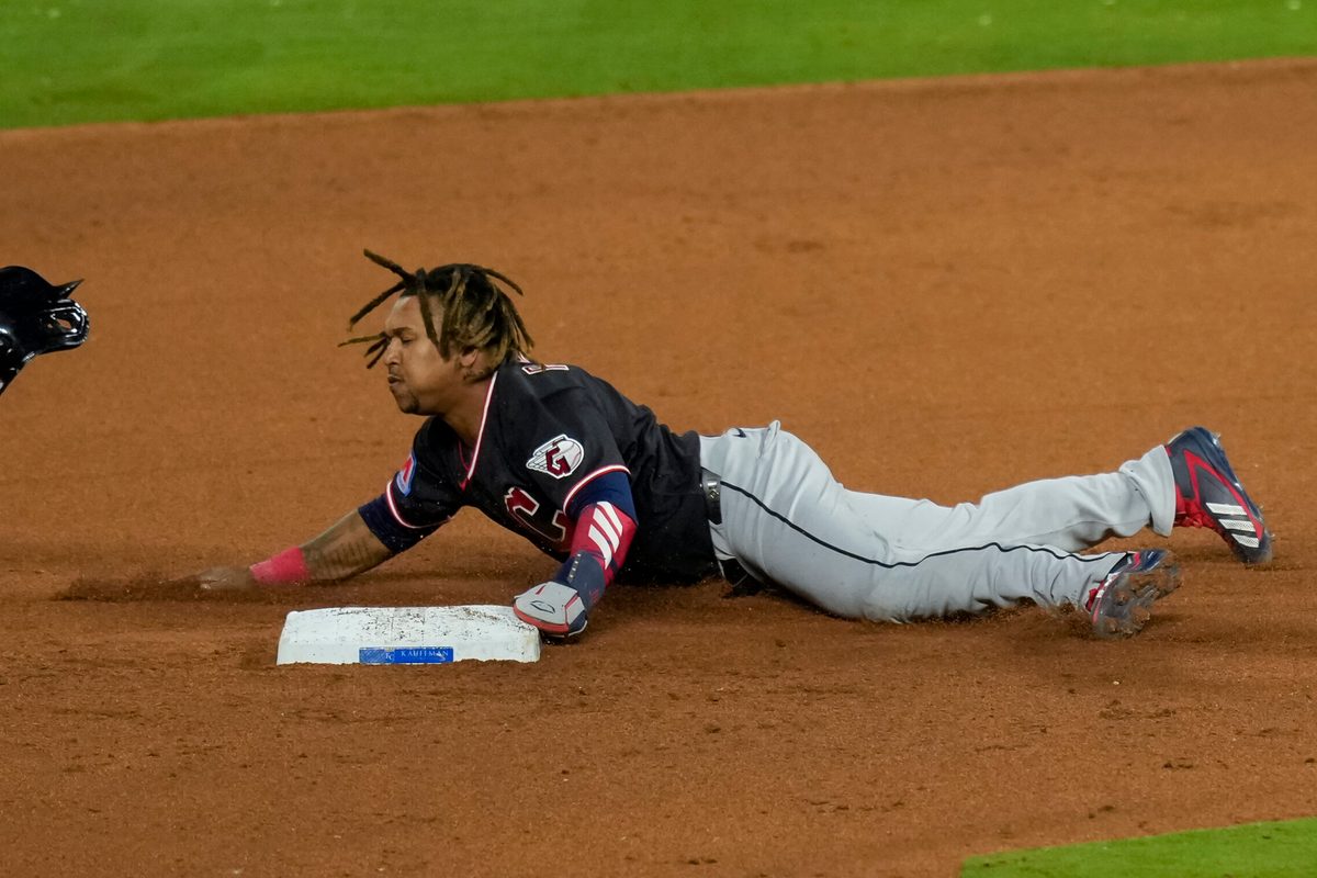 May 6, 2026; Kansas City, Missouri, USA; Cleveland Guardians third baseman José Ramírez (11) steals second base during the eighth inning against the Kansas City Royals at Kauffman Stadium. Mandatory Credit: Jay Biggerstaff-Imagn Images