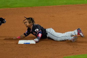 May 6, 2026; Kansas City, Missouri, USA; Cleveland Guardians third baseman José Ramírez (11) steals second base during the eighth inning against the Kansas City Royals at Kauffman Stadium. Mandatory Credit: Jay Biggerstaff-Imagn Images