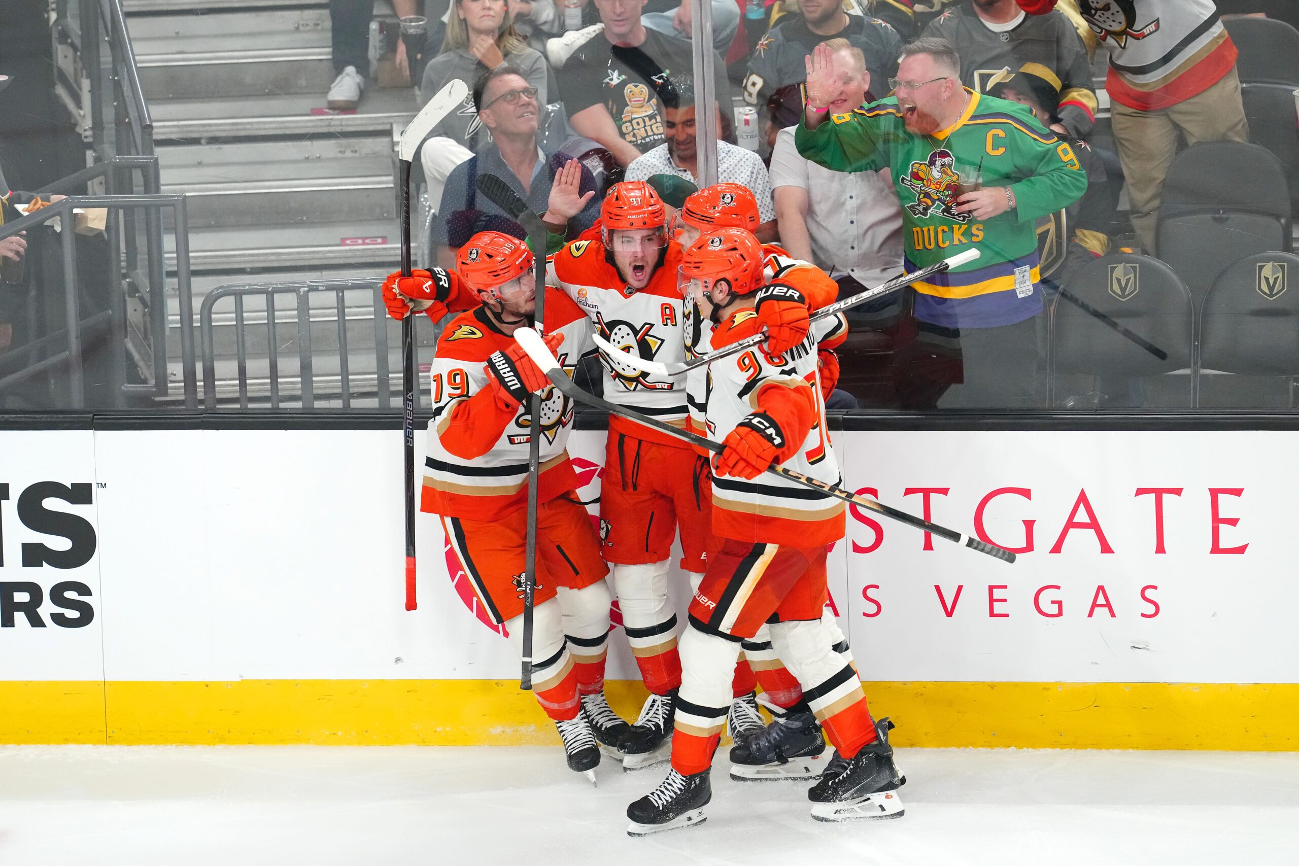 May 6, 2026; Las Vegas, Nevada, USA; Anaheim Ducks center Leo Carlsson (91) celebrates with team mates after scoring a goal against the Vegas Golden Knights during the third period of game two of the second round of the 2026 Stanley Cup Playoffs at T-Mobile Arena. Mandatory Credit: Stephen R. Sylvanie-Imagn Images
