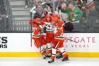 May 6, 2026; Las Vegas, Nevada, USA; Anaheim Ducks center Leo Carlsson (91) celebrates with team mates after scoring a goal against the Vegas Golden Knights during the third period of game two of the second round of the 2026 Stanley Cup Playoffs at T-Mobile Arena. Mandatory Credit: Stephen R. Sylvanie-Imagn Images