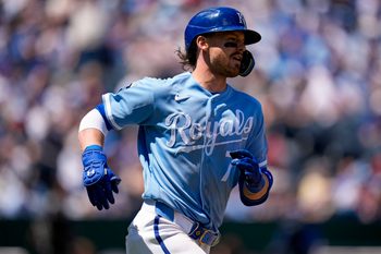 May 7, 2026; Kansas City, Missouri, USA; Kansas City Royals shortstop Bobby Witt Jr. (7) runs to first base after hitting a single during the third inning against the Cleveland Guardians at Kauffman Stadium. Mandatory Credit: Jay Biggerstaff-Imagn Images