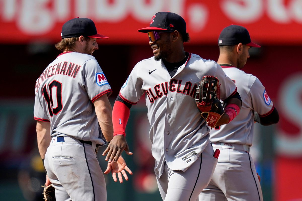 May 7, 2026; Kansas City, Missouri, USA; Cleveland Guardians left fielder Angel Martínez (1) celebrates with teammates after defeating the Kansas City Royals at Kauffman Stadium. Mandatory Credit: Jay Biggerstaff-Imagn Images