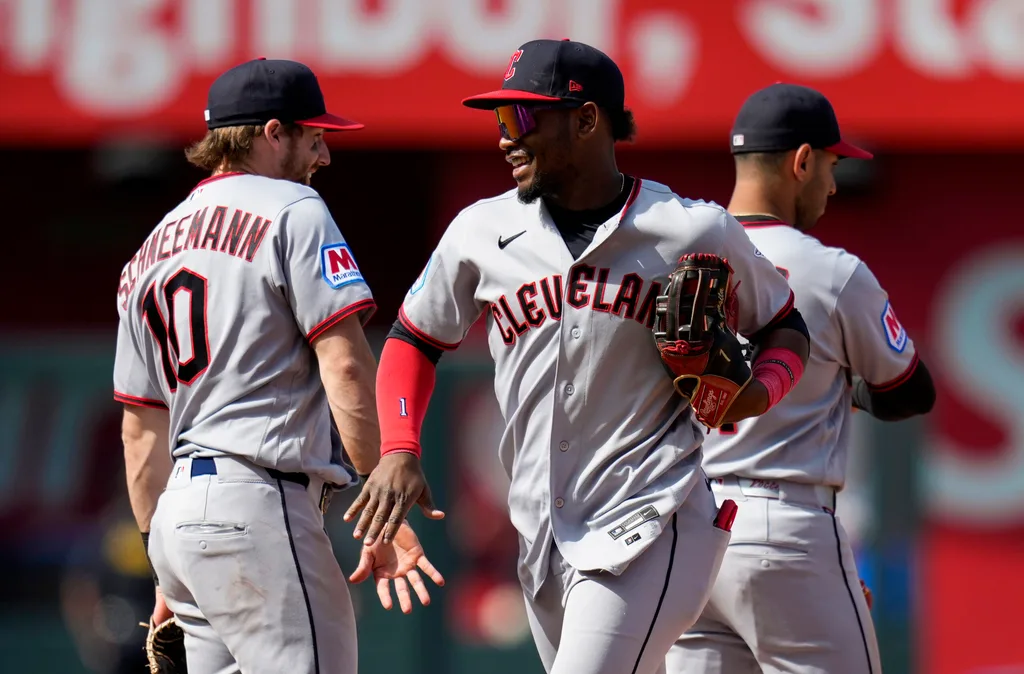 May 7, 2026; Kansas City, Missouri, USA; Cleveland Guardians left fielder Angel Martínez (1) celebrates with teammates after defeating the Kansas City Royals at Kauffman Stadium. Mandatory Credit: Jay Biggerstaff-Imagn Images