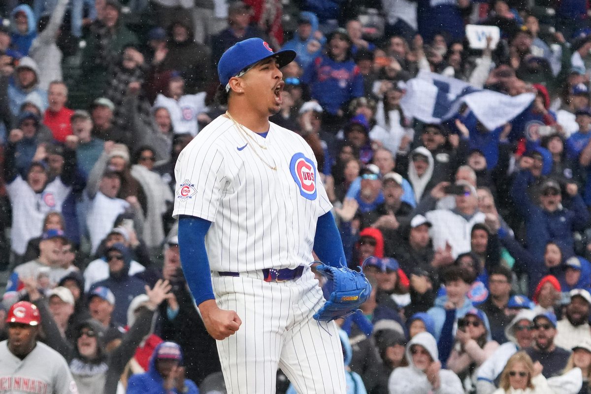 May 7, 2026; Chicago, Illinois, USA; Chicago Cubs pitcher Daniel Palencia reacts after getting the final out against the Cincinnati Reds during the ninth inning at Wrigley Field. Mandatory Credit: David Banks-Imagn Images