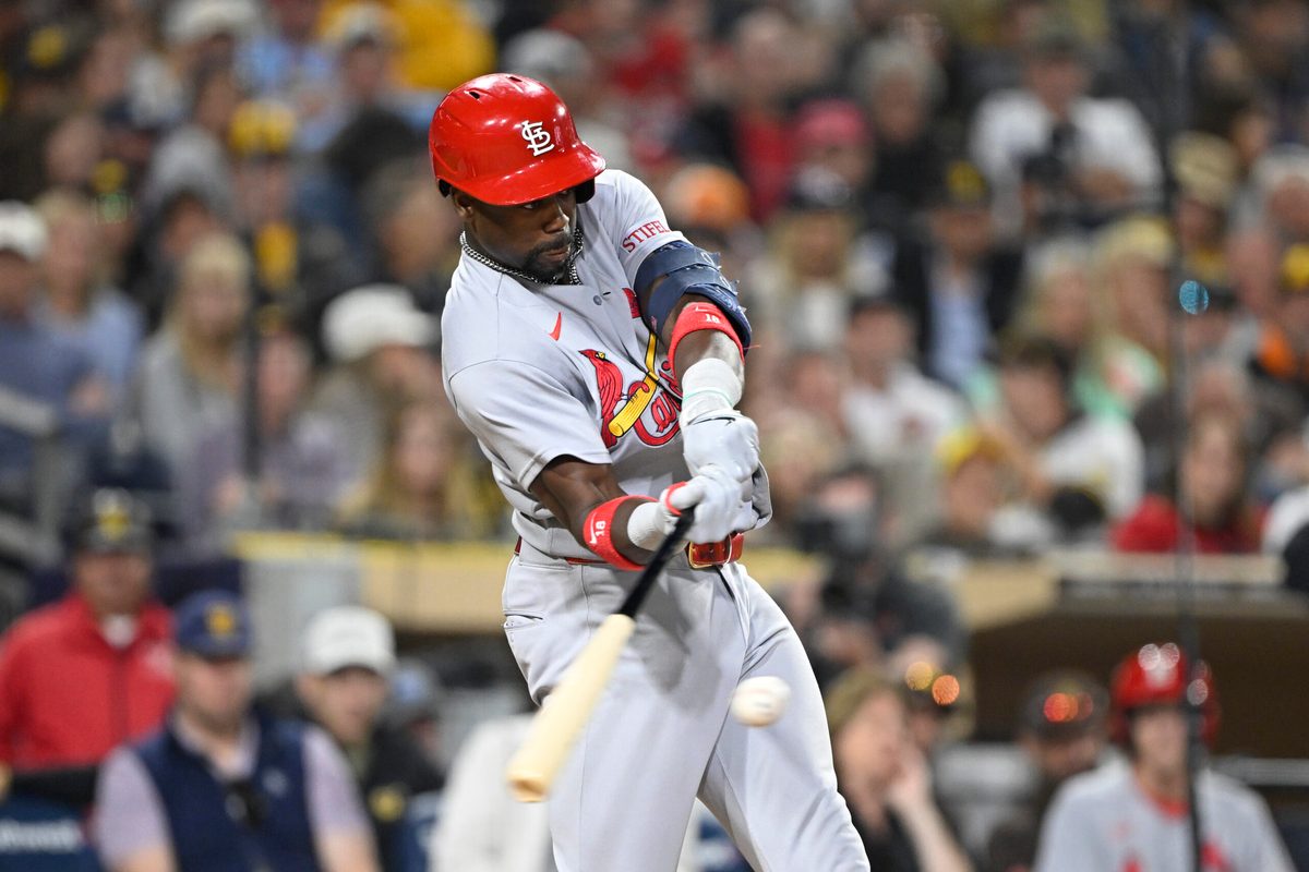 May 7, 2026; San Diego, California, USA; St. Louis Cardinals right fielder Jordan Walker (18) hits a double during the ninth inning against the San Diego Padres at Petco Park. Mandatory Credit: Denis Poroy-Imagn Images