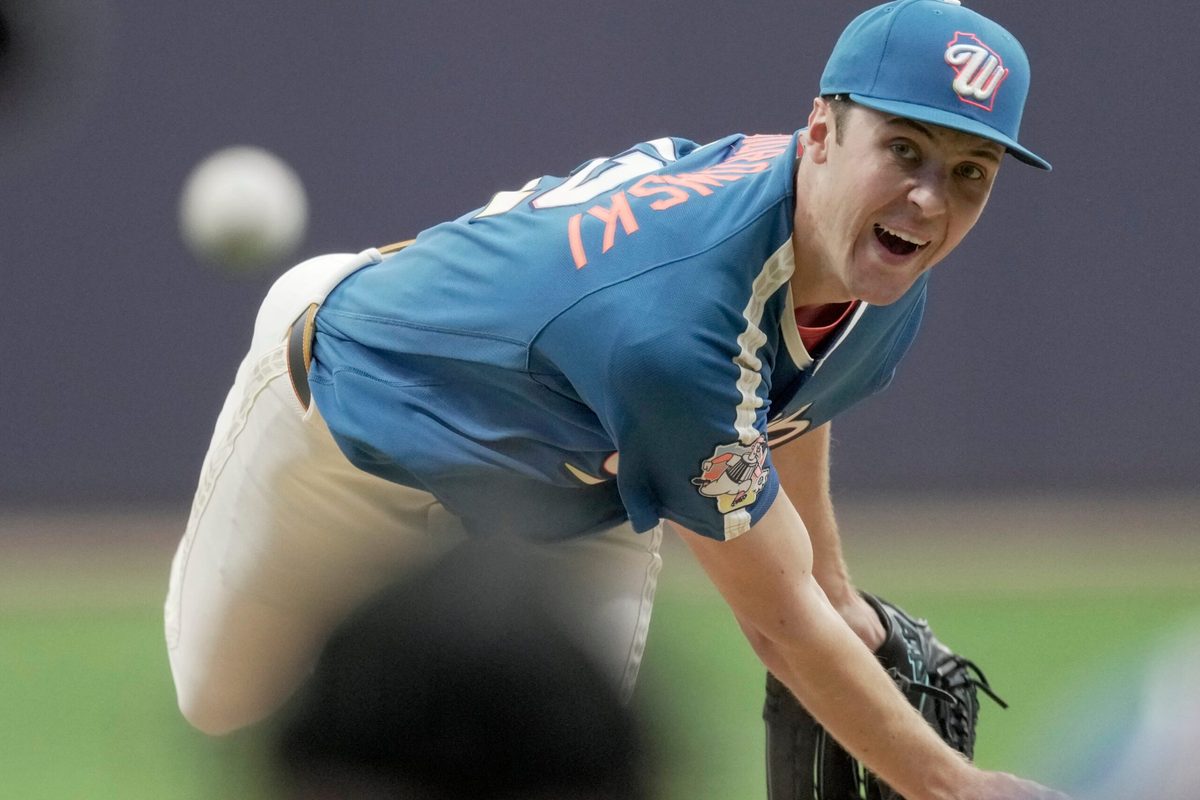 Milwaukee Brewers pitcher Jacob Misiorowski (32) throws during the first inning of their game against the New York Yankees Friday, May 8, 2026 at American Family Field in Milwaukee, Wisconsin.