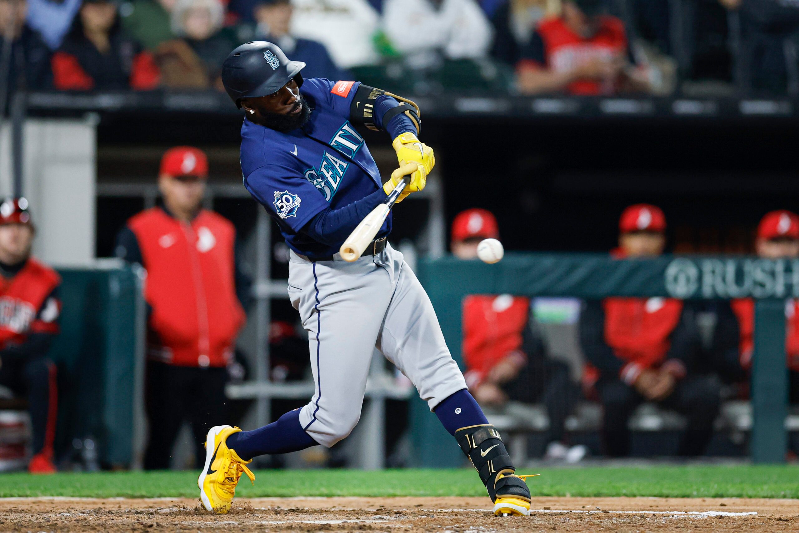 May 8, 2026; Chicago, Illinois, USA; Seattle Mariners left fielder Randy Arozarena (56) singles against the Chicago White Sox during the seventh inning at Rate Field. Mandatory Credit: Kamil Krzaczynski-Imagn Images