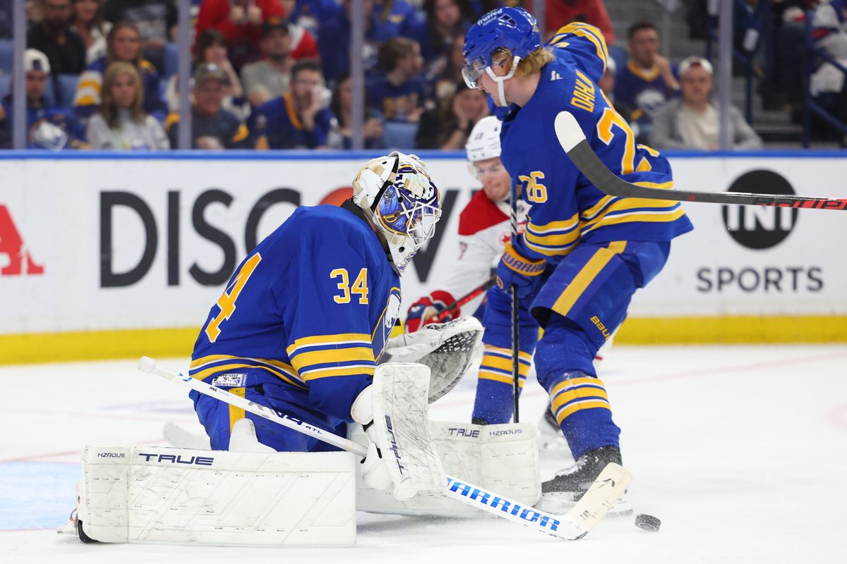 May 8, 2026; Buffalo, New York, USA; Buffalo Sabres goaltender Alex Lyon (34) looks to make a save during the third period against the Montréal Canadiens in game two of the second round of the 2026 Stanley Cup Playoffs at KeyBank Center. Mandatory Credit: Timothy T. Ludwig-Imagn Images