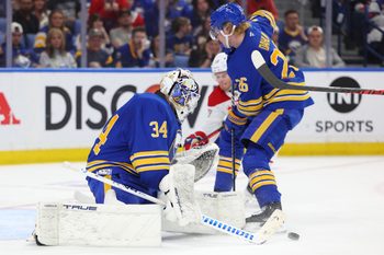 May 8, 2026; Buffalo, New York, USA; Buffalo Sabres goaltender Alex Lyon (34) looks to make a save during the third period against the Montréal Canadiens in game two of the second round of the 2026 Stanley Cup Playoffs at KeyBank Center. Mandatory Credit: Timothy T. Ludwig-Imagn Images