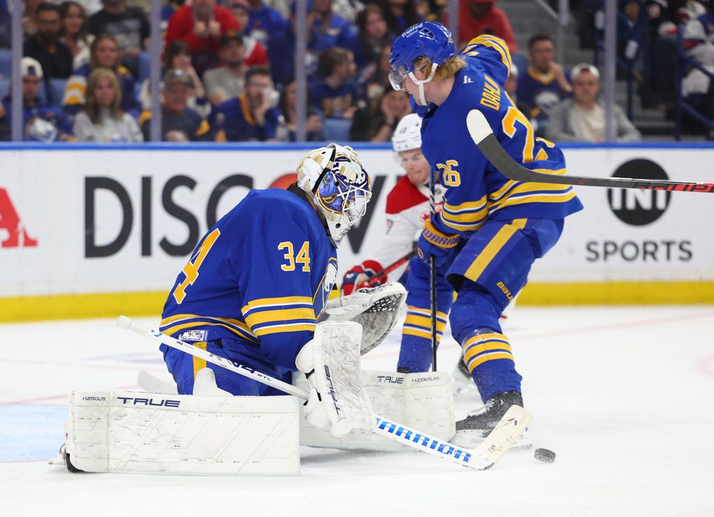 May 8, 2026; Buffalo, New York, USA; Buffalo Sabres goaltender Alex Lyon (34) looks to make a save during the third period against the Montréal Canadiens in game two of the second round of the 2026 Stanley Cup Playoffs at KeyBank Center. Mandatory Credit: Timothy T. Ludwig-Imagn Images