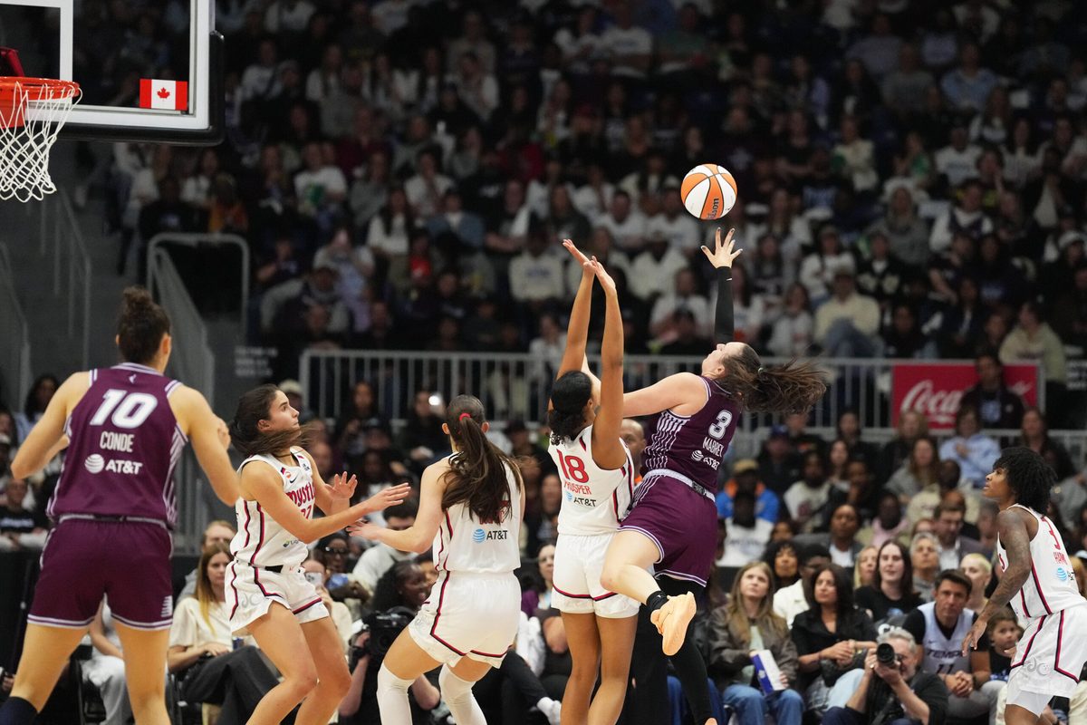 May 8, 2026; Toronto, Ontario, CAN; Toronto Tempo guard Marina Mabrey (3) shoots against Washington Mystics guard Cassandre Prosper (18) during the third quarter at Coke Cola Coliseum. Mandatory Credit: Nick Turchiaro-Imagn Images