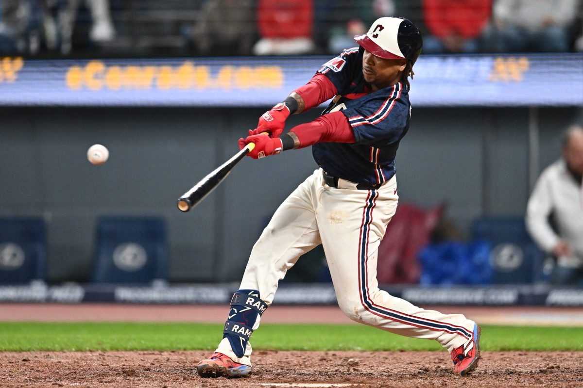 May 8, 2026; Cleveland, Ohio, USA; Cleveland Guardians third baseman Jose Ramirez (11) hits an RBI single during the eighth inning against the Minnesota Twins at Progressive Field. Mandatory Credit: Ken Blaze-Imagn Images