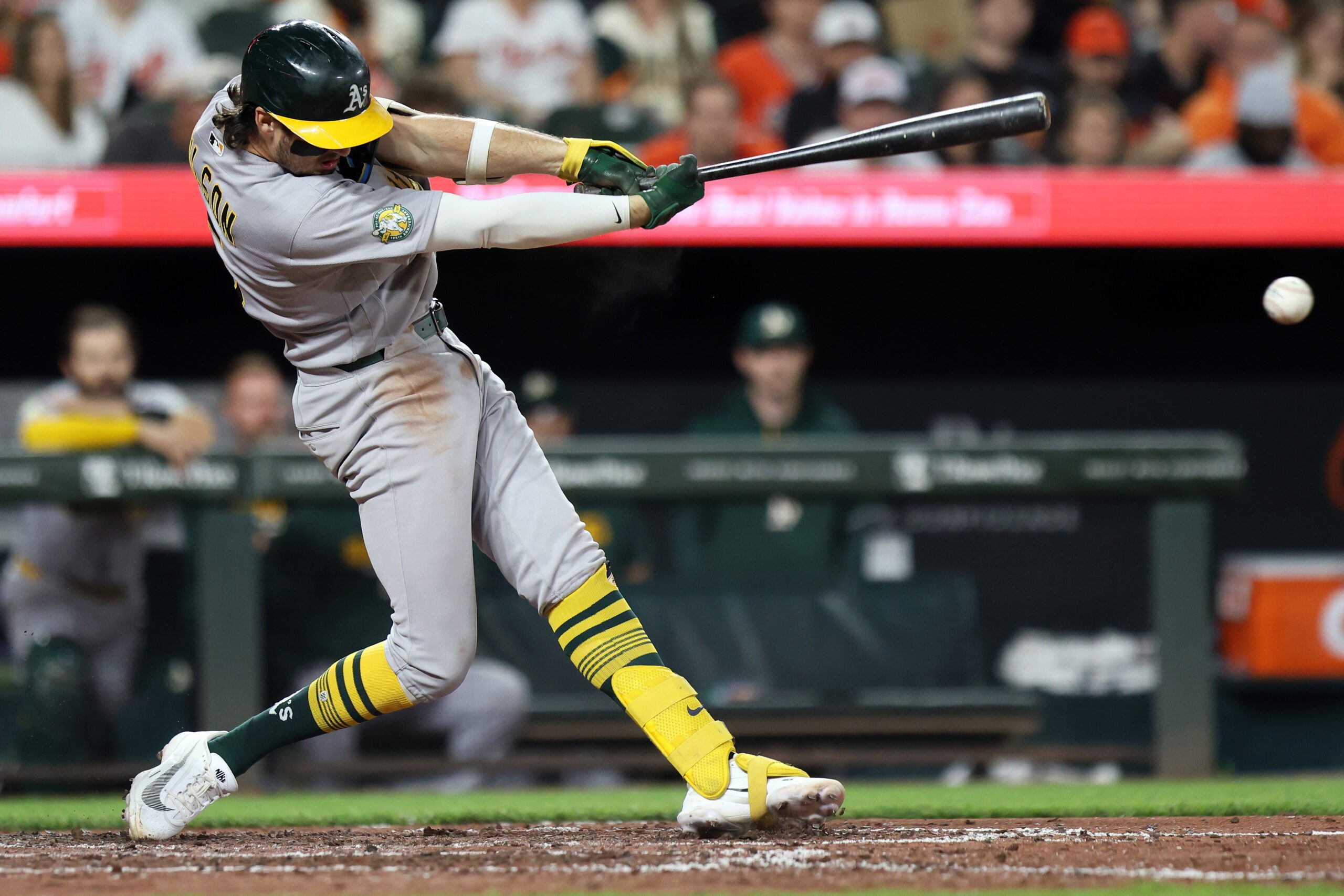 May 8, 2026; Baltimore, Maryland, USA; Athletics shortstop Jacob Wilson (5) hits a RBI single during the eighth inning against the Baltimore Orioles at Oriole Park at Camden Yards. Mandatory Credit: Daniel Kucin Jr.-Imagn Images