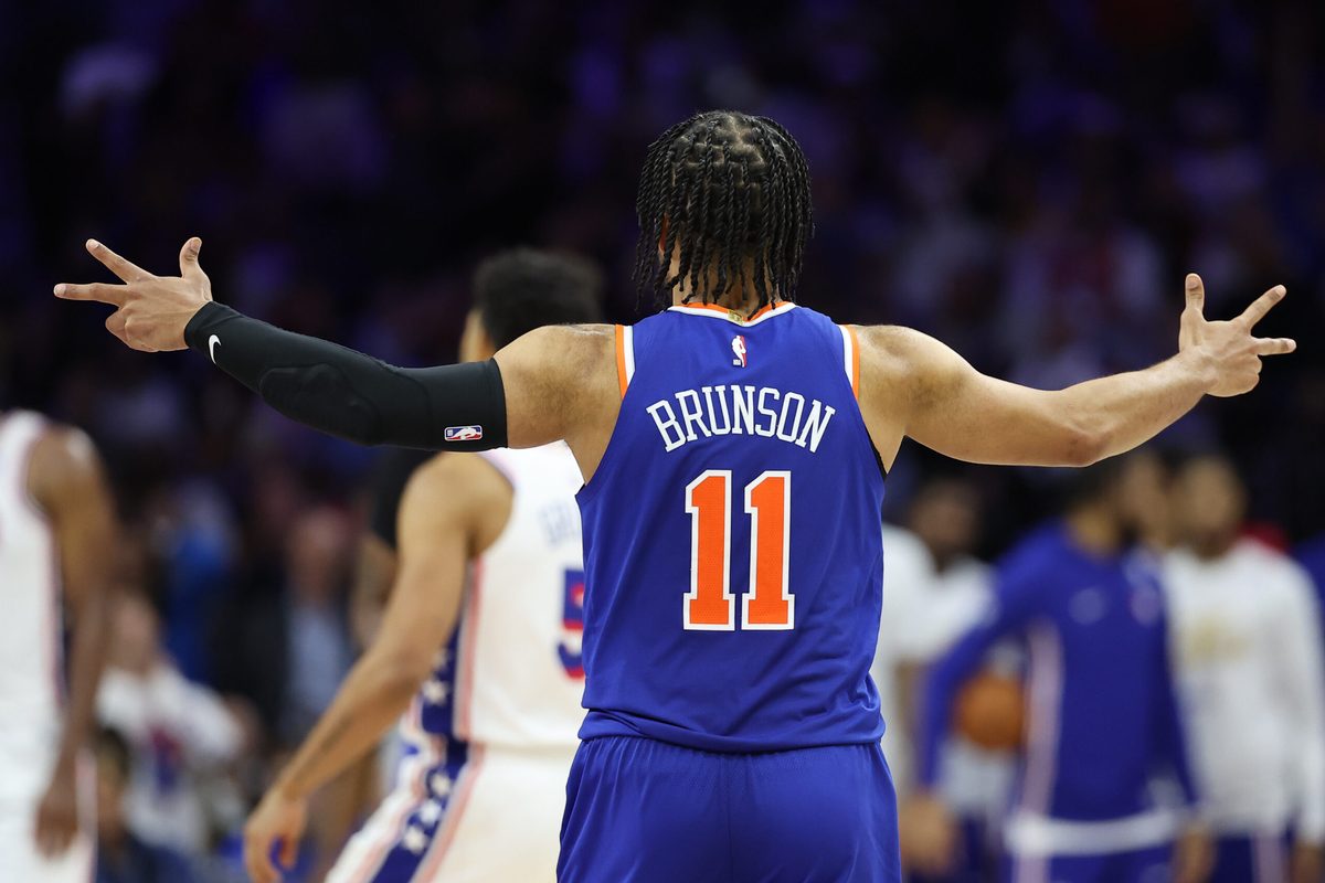 May 8, 2026; Philadelphia, Pennsylvania, USA; New York Knicks guard Jalen Brunson (11) reacts to a Josh Hart (not pictured) three pointer against the Philadelphia 76ers during the third quarter of game three of the second round of the 2026 NBA Playoffs at Xfinity Mobile Arena. Mandatory Credit: Bill Streicher-Imagn Images