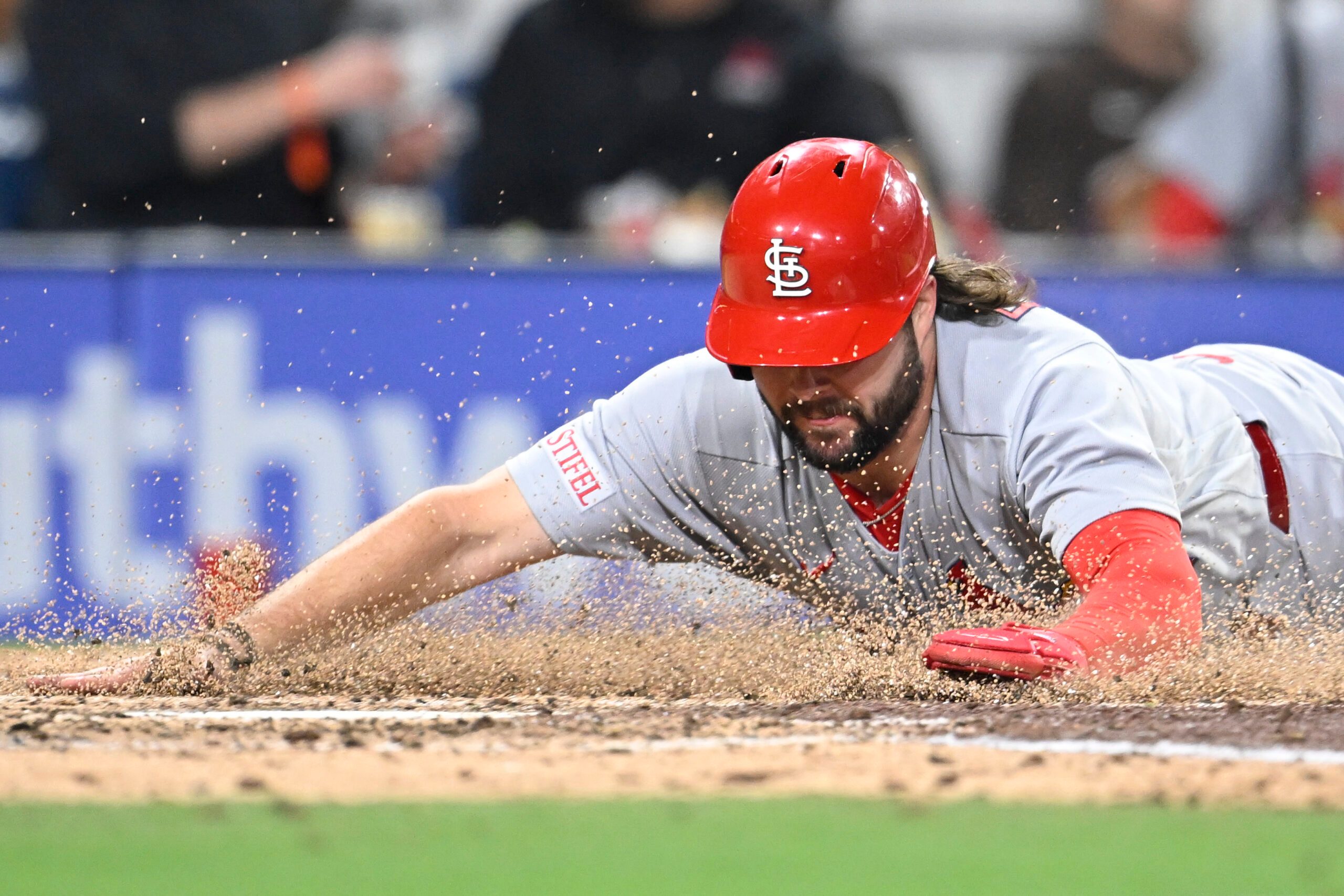 May 8, 2026; San Diego, California, USA; St. Louis Cardinals first baseman Alec Burleson (41) scores during the fifth inning against the San Diego Padres at Petco Park. Mandatory Credit: Denis Poroy-Imagn Images