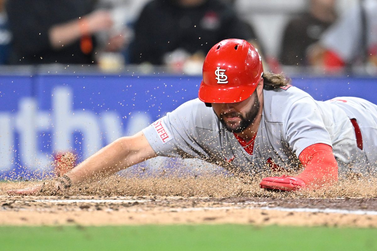 May 8, 2026; San Diego, California, USA; St. Louis Cardinals first baseman Alec Burleson (41) scores during the fifth inning against the San Diego Padres at Petco Park. Mandatory Credit: Denis Poroy-Imagn Images