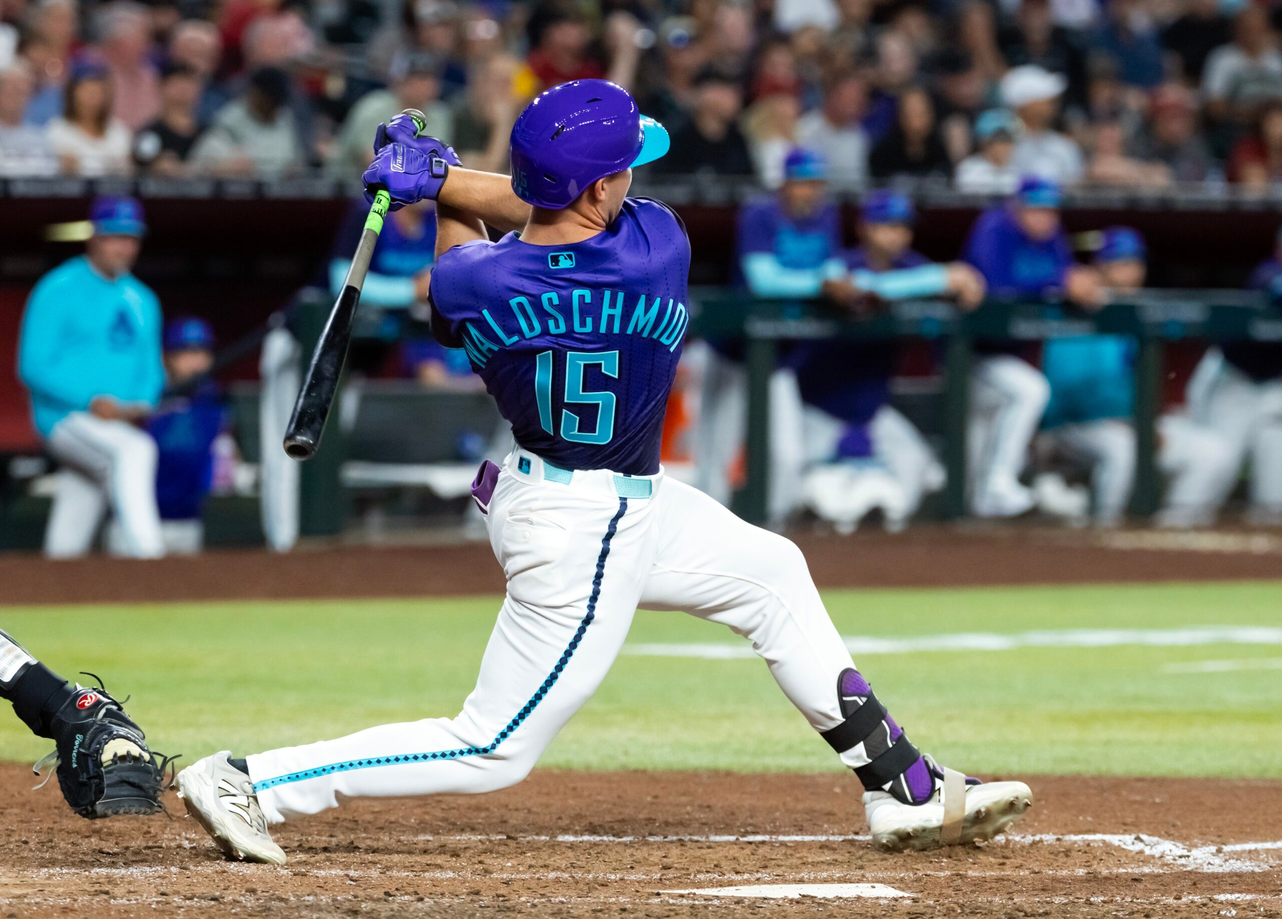May 8, 2026; Phoenix, Arizona, USA; Arizona Diamondbacks pinch hitter Ryan Waldschmidt hits an eighth inning single for the first hit of his MLB career in the first at bat of his major league career against the New York Mets at Chase Field. Mandatory Credit: Mark J. Rebilas-Imagn Images
