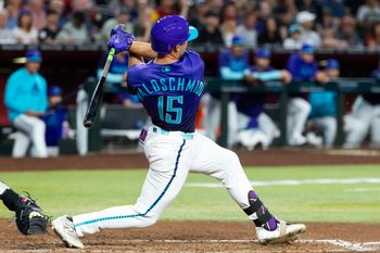 May 8, 2026; Phoenix, Arizona, USA; Arizona Diamondbacks pinch hitter Ryan Waldschmidt hits an eighth inning single for the first hit of his MLB career in the first at bat of his major league career against the New York Mets at Chase Field. Mandatory Credit: Mark J. Rebilas-Imagn Images