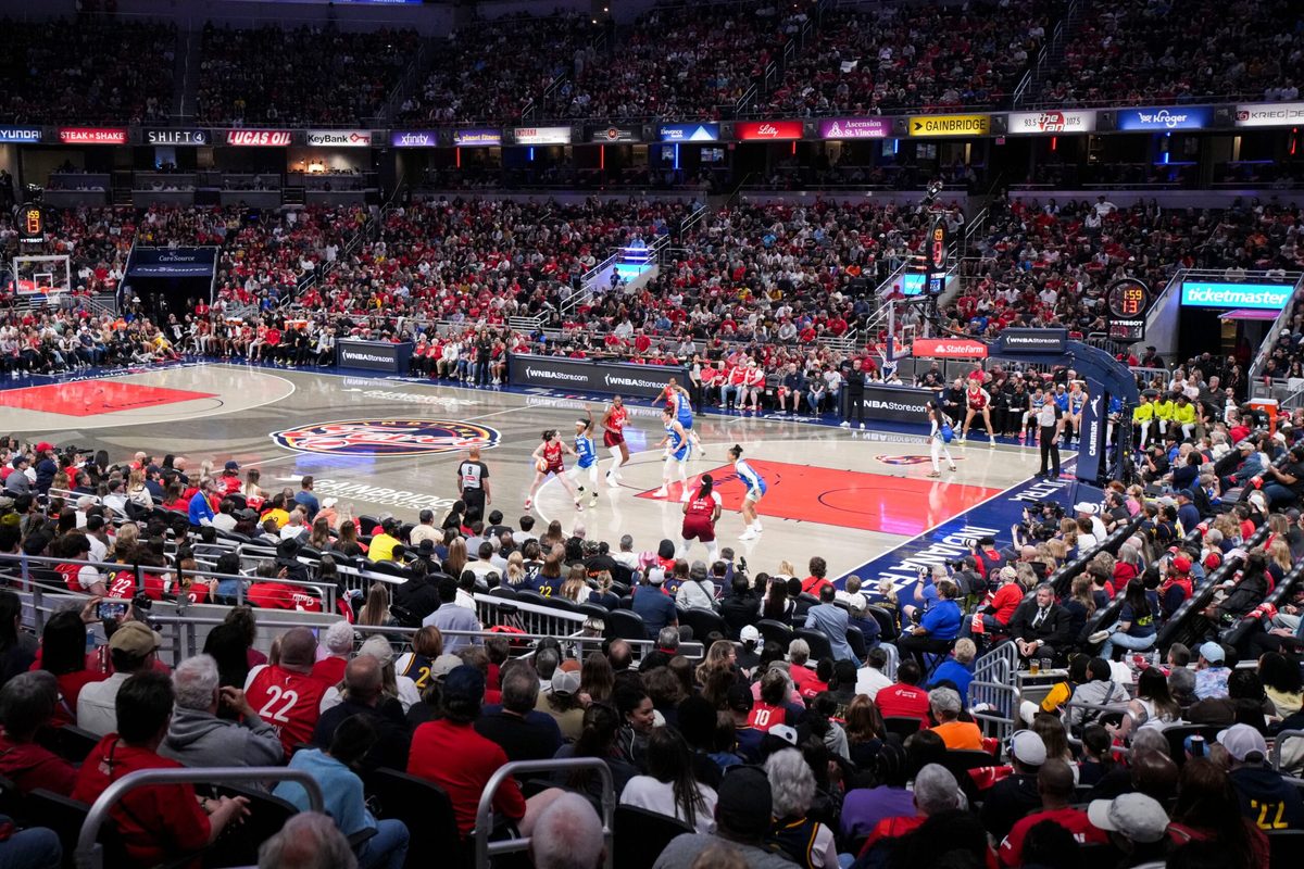 Indiana Fever guard Caitlin Clark (22) runs a play Saturday, May 9, 2026, during the first half of the Fever’s season opener game at Gainbridge Fieldhouse in Indianapolis. The Dallas Wings defeated the Indiana Fever, 107-104.