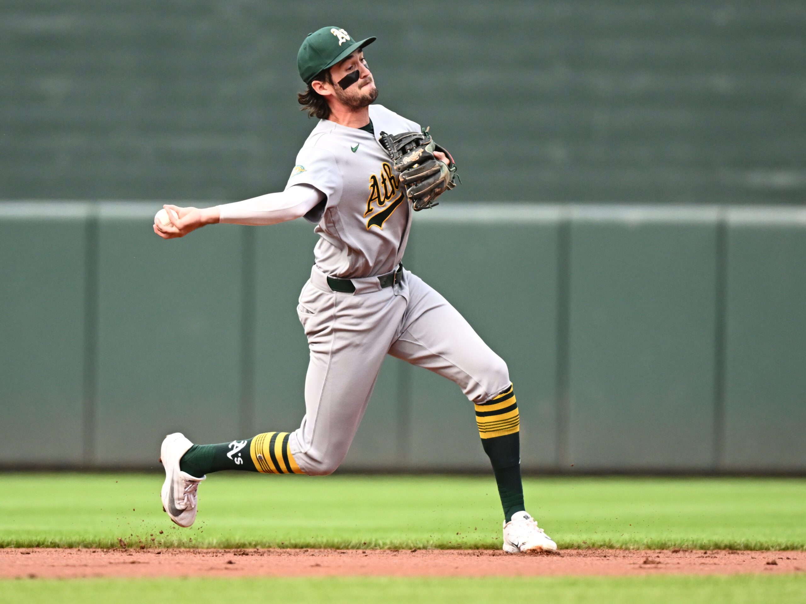 May 9, 2026; Baltimore, Maryland, USA; Athletics shortstop Jacob Wilson (5) throws to first base during the first inning against the Baltimore Orioles at Oriole Park at Camden Yards. Mandatory Credit: James A. Pittman-Imagn Images