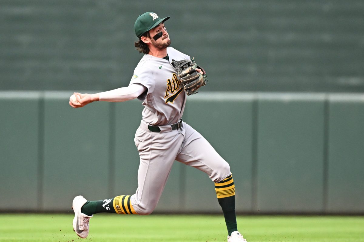 May 9, 2026; Baltimore, Maryland, USA; Athletics shortstop Jacob Wilson (5) throws to first base during the first inning against the Baltimore Orioles at Oriole Park at Camden Yards. Mandatory Credit: James A. Pittman-Imagn Images