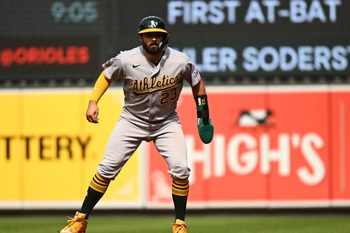 May 9, 2026; Baltimore, Maryland, USA; Athletics catcher Shea Langeliers (23) takes a lead off first base during the first inning against the Baltimore Orioles at Oriole Park at Camden Yards. Mandatory Credit: James A. Pittman-Imagn Images