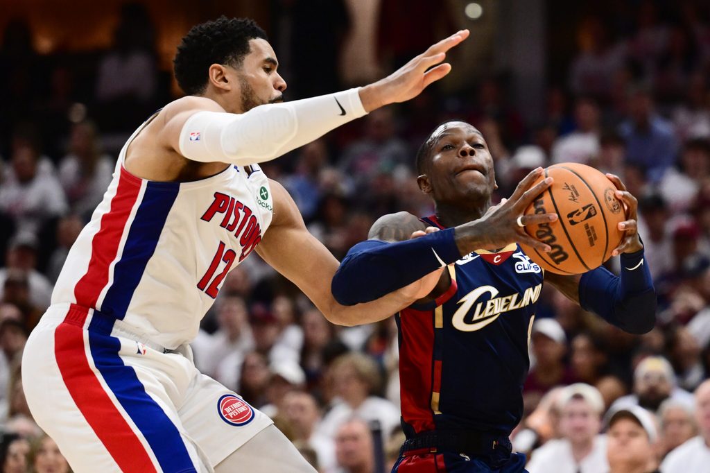 May 9, 2026; Cleveland, Ohio, USA; Cleveland Cavaliers guard Dennis Schroder (8) drives to the basket against Detroit Pistons forward Tobias Harris (12) during the second half of game three in the second round of the 2026 NBA Playoffs at Rocket Arena. Mandatory Credit: Ken Blaze-Imagn Images