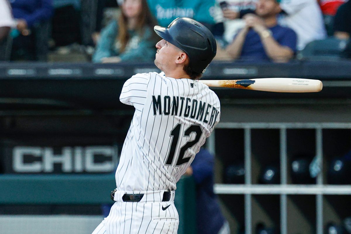 May 9, 2026; Chicago, Illinois, USA; Chicago White Sox shortstop Colson Montgomery (12) hits a two-run home run against the Seattle Mariners during the first inning at Rate Field. Mandatory Credit: Kamil Krzaczynski-Imagn Images