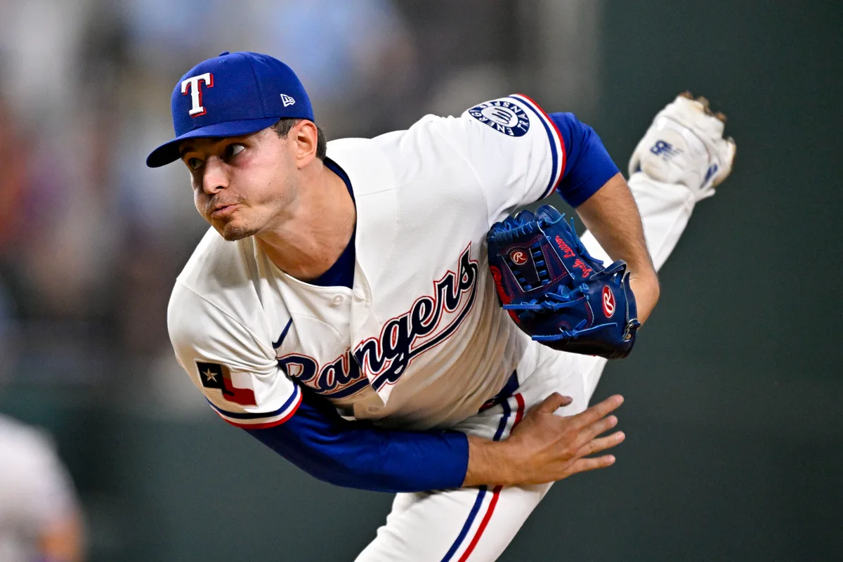 May 9, 2026; Arlington, Texas, USA; Texas Rangers starting pitcher Jack Leiter (22) pitches against the Chicago Cubs during the first inning at Globe Life Field. Mandatory Credit: Jerome Miron-Imagn Images