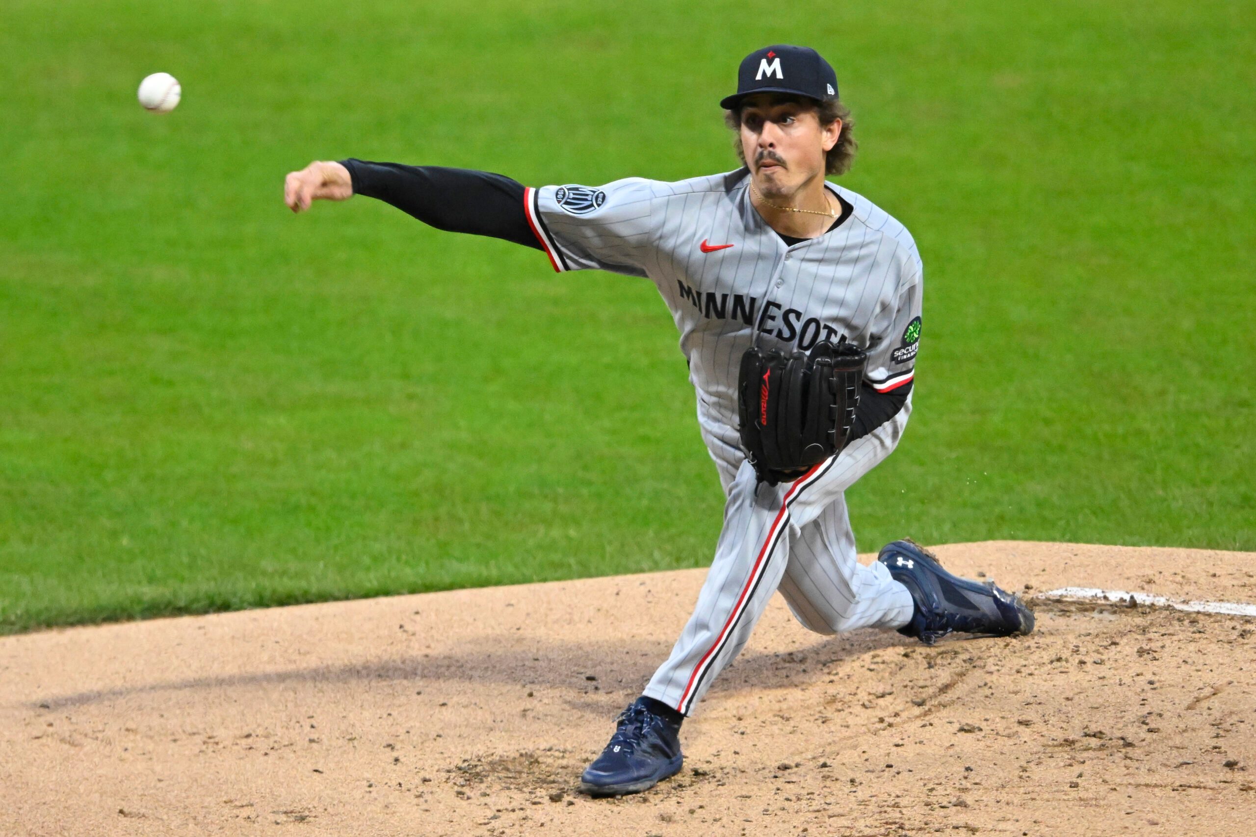 May 9, 2026; Cleveland, Ohio, USA; Minnesota Twins starting pitcher Joe Ryan (41) delivers a pitch in the first inning against the Cleveland Guardians at Progressive Field. Mandatory Credit: David Richard-Imagn Images
