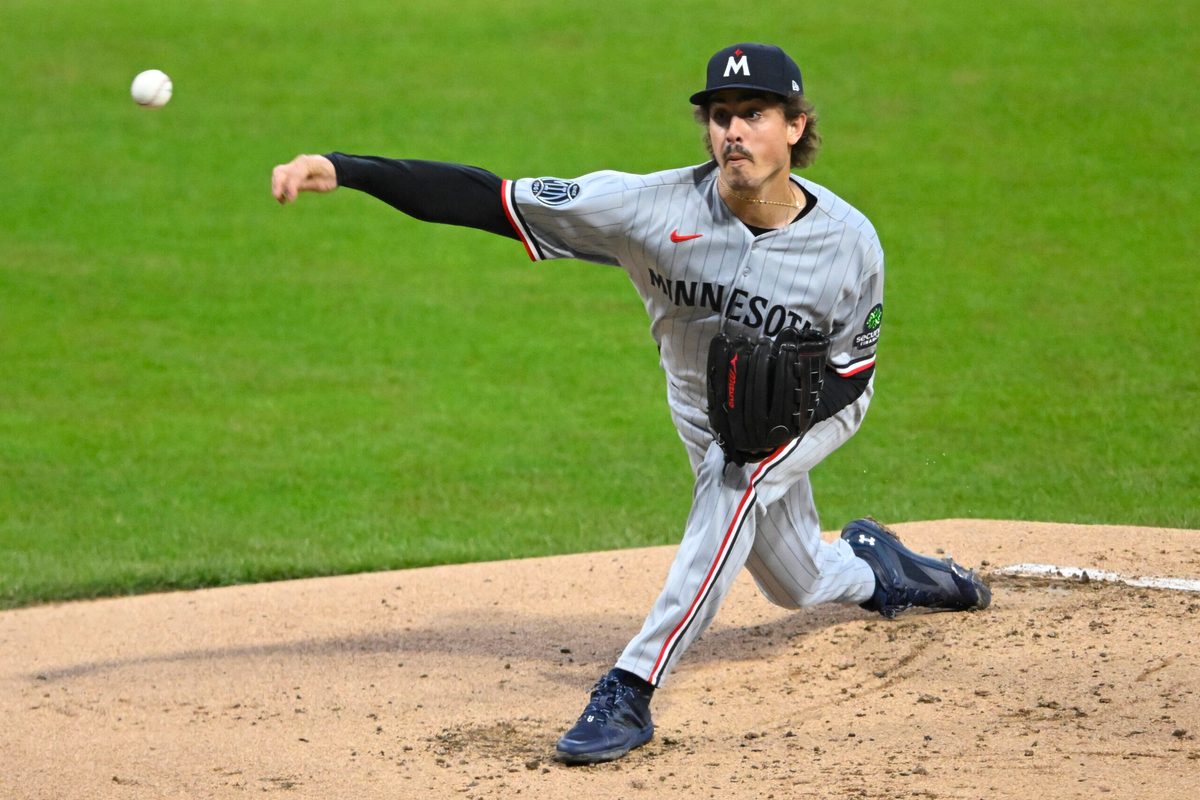 May 9, 2026; Cleveland, Ohio, USA; Minnesota Twins starting pitcher Joe Ryan (41) delivers a pitch in the first inning against the Cleveland Guardians at Progressive Field. Mandatory Credit: David Richard-Imagn Images