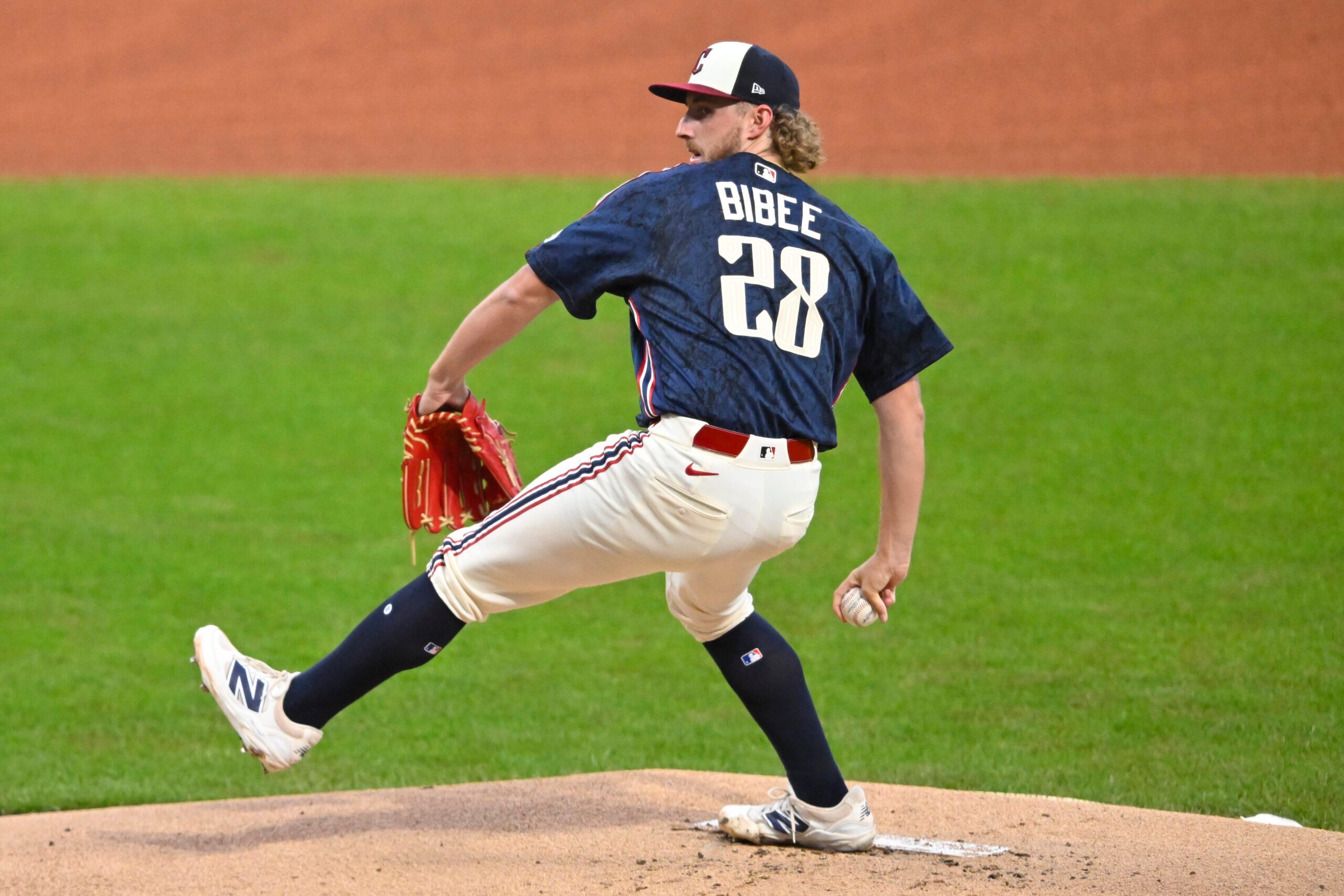 May 9, 2026; Cleveland, Ohio, USA; Cleveland Guardians starting pitcher Tanner Bibee (28) delivers a pitch in the first inning against the Minnesota Twins at Progressive Field. Mandatory Credit: David Richard-Imagn Images