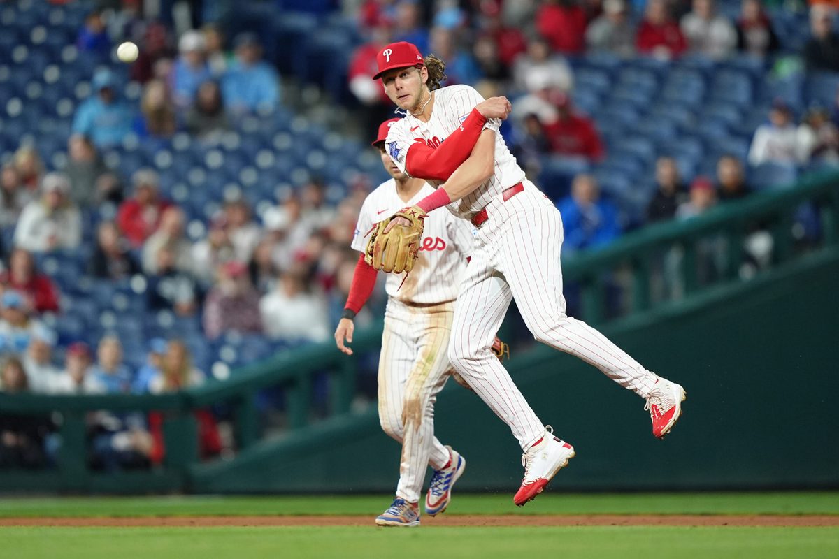 May 9, 2026; Philadelphia, Pennsylvania, USA; Philadelphia Phillies infielder Alec Bohm (28) throws to first against the Colorado Rockies in the ninth inning at Citizens Bank Park. Mandatory Credit: Kyle Ross-Imagn Images