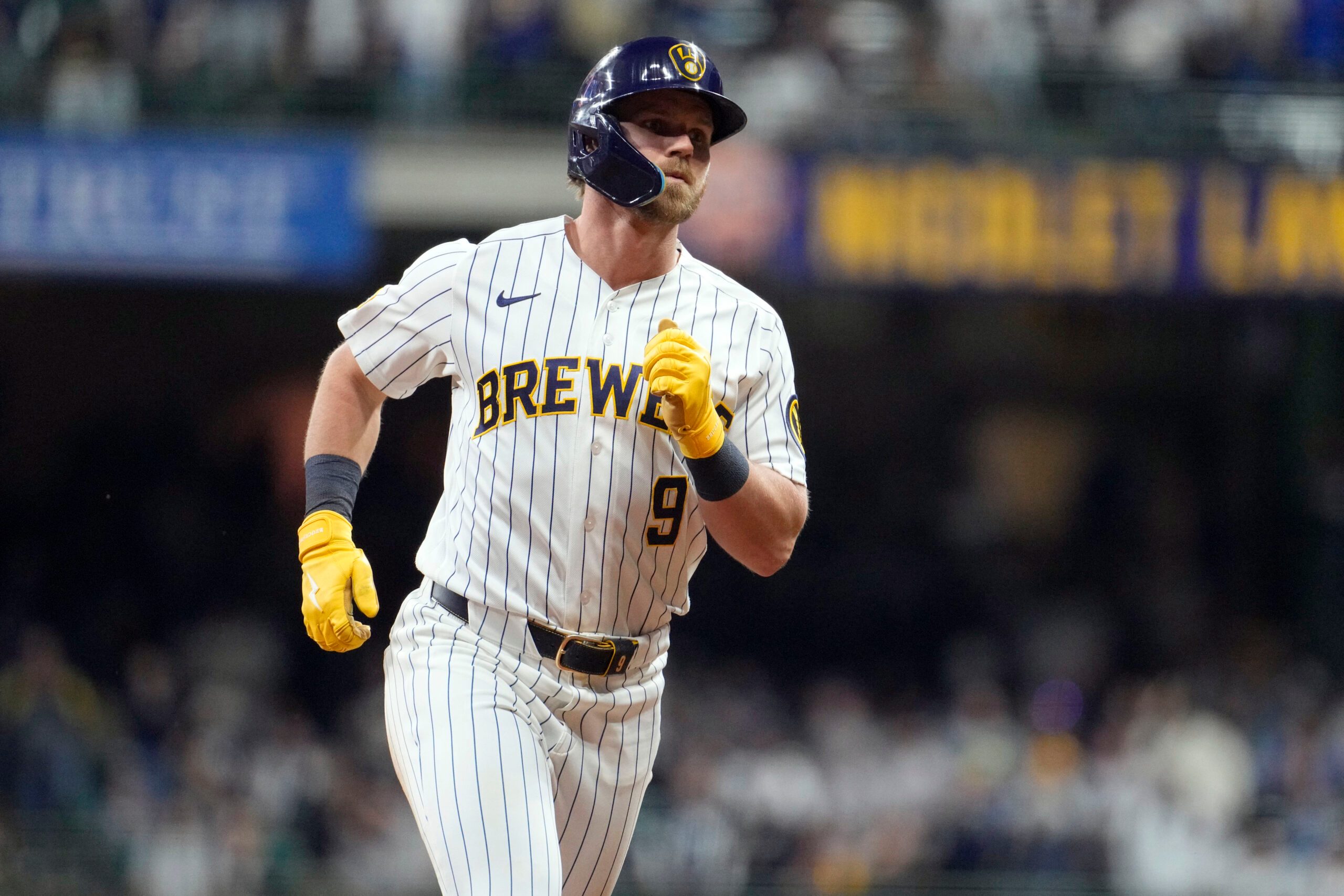 May 9, 2026; Milwaukee, Wisconsin, USA; Milwaukee Brewers first baseman Jake Bauers (9) rounds the bases after hitting a home run against the New York Yankees in the seventh inning at American Family Field. Mandatory Credit: Michael McLoone-Imagn Images