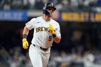 May 9, 2026; Milwaukee, Wisconsin, USA; Milwaukee Brewers first baseman Jake Bauers (9) rounds the bases after hitting a home run against the New York Yankees in the seventh inning at American Family Field. Mandatory Credit: Michael McLoone-Imagn Images