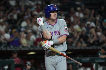 May 9, 2026; Phoenix, Arizona, USA; New York Mets left fielder Carson Benge (3) reacts after striking out against the Arizona Diamondbacks in the ninth inning at Chase Field. Mandatory Credit: Rick Scuteri-Imagn Images