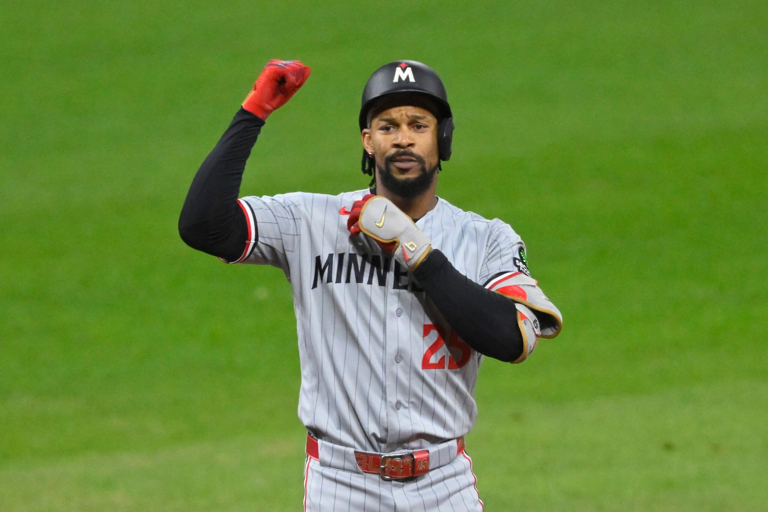 May 9, 2026; Cleveland, Ohio, USA; Minnesota Twins center fielder Byron Buxton (25) celebrates his RBI double in the eleventh inning against the Cleveland Guardians at Progressive Field. Mandatory Credit: David Richard-Imagn Images