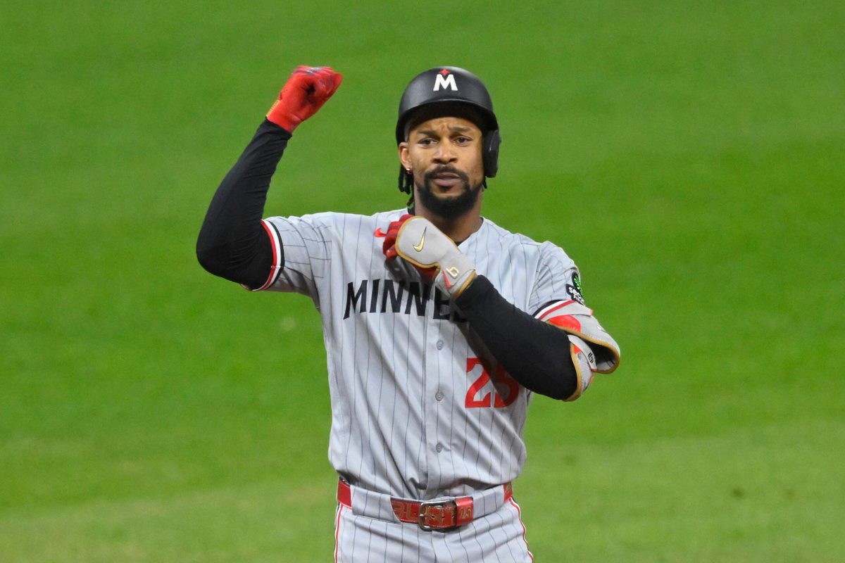 May 9, 2026; Cleveland, Ohio, USA; Minnesota Twins center fielder Byron Buxton (25) celebrates his RBI double in the eleventh inning against the Cleveland Guardians at Progressive Field. Mandatory Credit: David Richard-Imagn Images