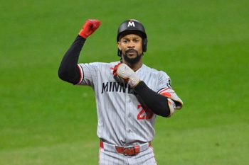 May 9, 2026; Cleveland, Ohio, USA; Minnesota Twins center fielder Byron Buxton (25) celebrates his RBI double in the eleventh inning against the Cleveland Guardians at Progressive Field. Mandatory Credit: David Richard-Imagn Images