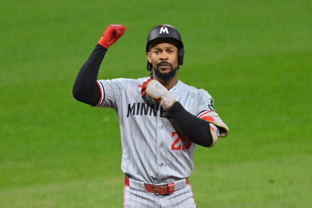 May 9, 2026; Cleveland, Ohio, USA; Minnesota Twins center fielder Byron Buxton (25) celebrates his RBI double in the eleventh inning against the Cleveland Guardians at Progressive Field. Mandatory Credit: David Richard-Imagn Images