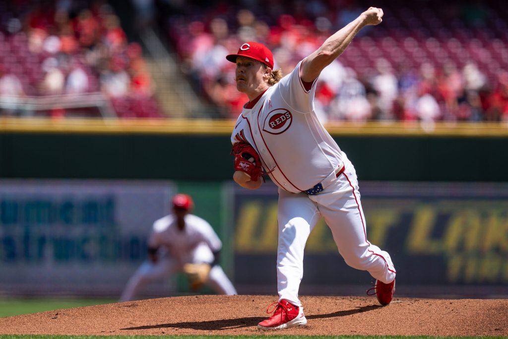 May 10, 2026; Cincinnati, Ohio, USA; Cincinnati Reds pitcher Andrew Abbott (41) throws against the Houston Astros in the first inning at Great American Ball Park. Mandatory Credit: Aaron Doster-Imagn Images