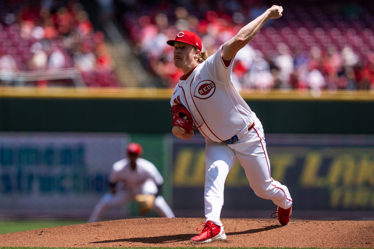 May 10, 2026; Cincinnati, Ohio, USA; Cincinnati Reds pitcher Andrew Abbott (41) throws against the Houston Astros in the first inning at Great American Ball Park. Mandatory Credit: Aaron Doster-Imagn Images