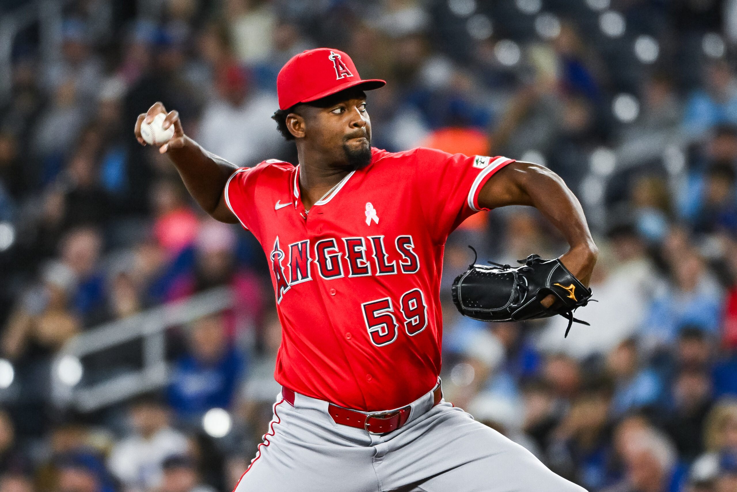 May 10, 2026; Toronto, Ontario, CAN; Los Angeles Angels starting pitcher Jose Soriano (59) throws a pitch against the Toronto Blue Jays in the first inning at Rogers Centre. Mandatory Credit: David Kirouac-Imagn Images
